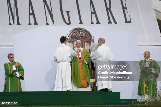 Pope Francis leads a mass at the Renato Dall'Ara Stadium on October 1, 2017 during a pastoral visit in Bologna. Pope Francis visits Bologna for the...