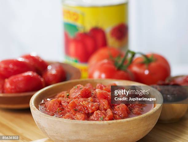 assorted tomato products - savory sauce stockfoto's en -beelden