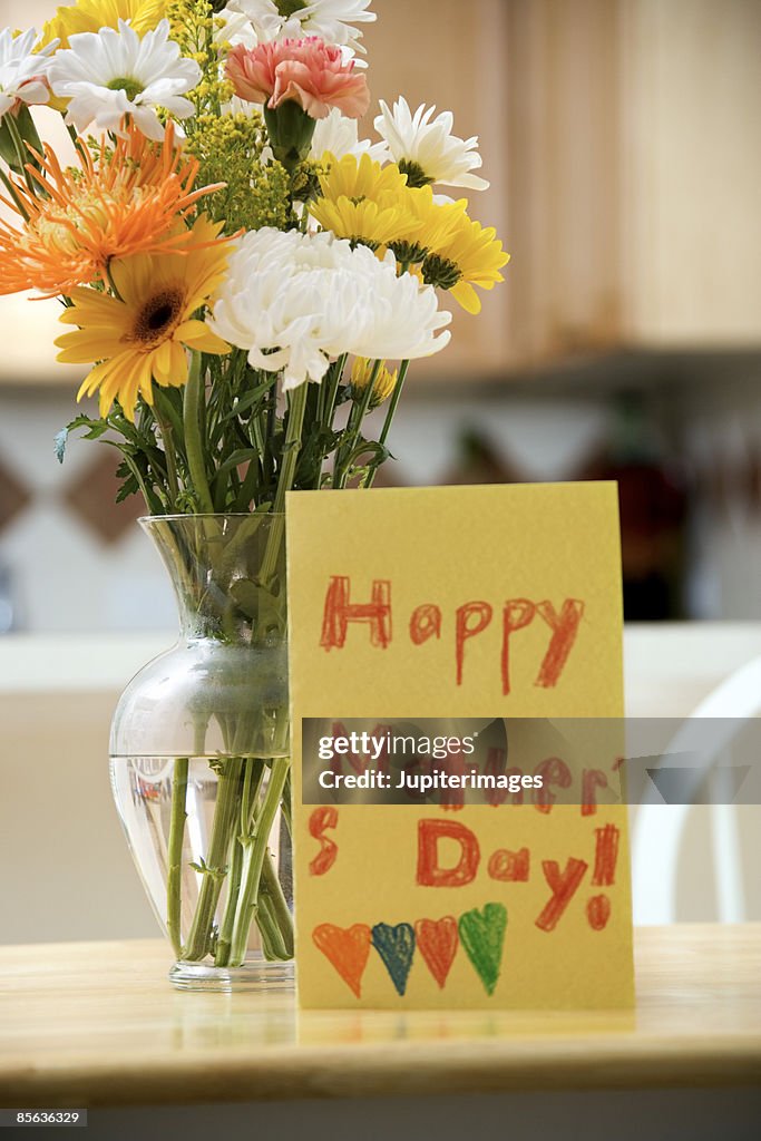 Flowers and handmade Mothers Day card