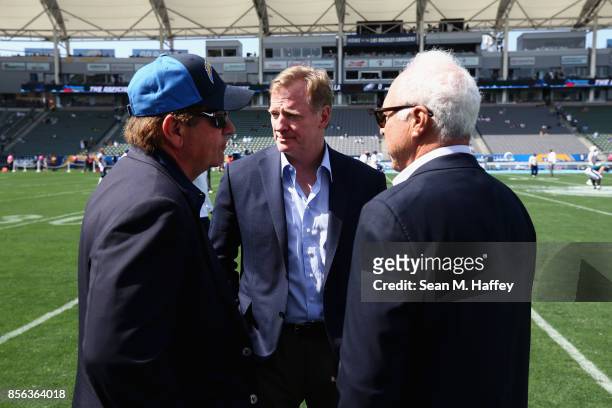 Team President and CEO Dean Spanos of the Los Angeles Chargers, Commissioner of the NFL Roger Goodell, and Owner Jeffrey Lurie of the Philadelphia...