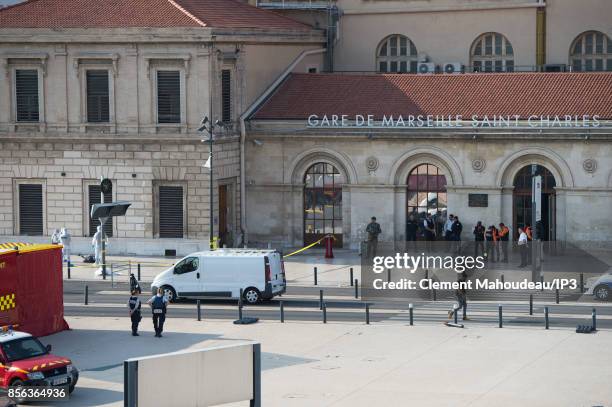Crime scene of Marseille's attack in Front of the Gare Saint Charles Train station, after a man armed with a knife killed two people before being...