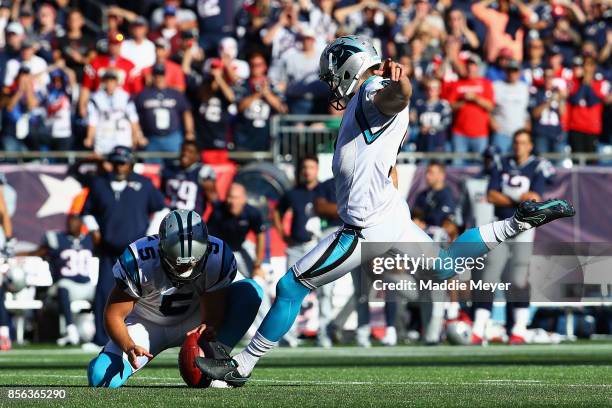 Graham Gano of the Carolina Panthers kicks a 48-yard field goal during the fourth quarter to defeat the New England Patriots 33-30 at Gillette...