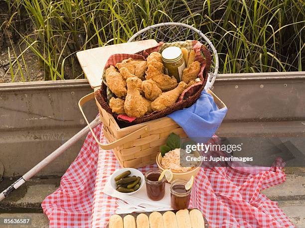 picnic meal with fried chicken - brain in a jar stock pictures, royalty-free photos & images
