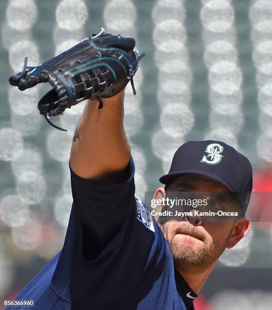 Andrew Albers of the Seattle Mariners pitches in the second inning of the game against the Los Angeles Angels of Anaheim at Angel Stadium of Anaheim...