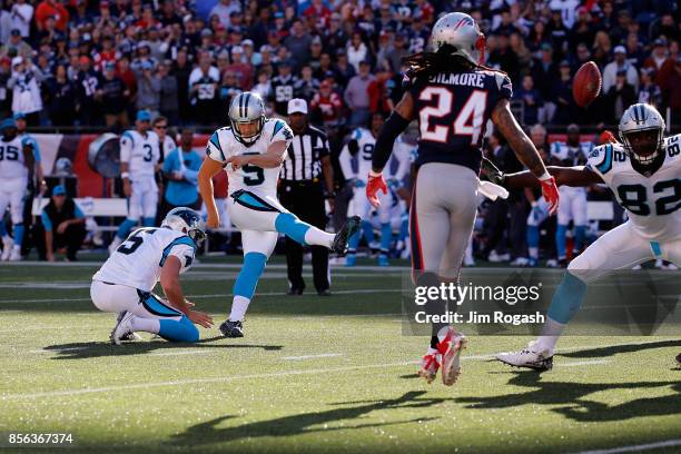 Graham Gano of the Carolina Panthers kicks a 48-yard field goal during the fourth quarter to defeat the New England Patriots 33-30 at Gillette...