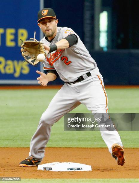 Hardy of the Baltimore Orioles fields a ground ball during the first inning of the game against the Tampa Bay Rays at Tropicana Field on October 1,...