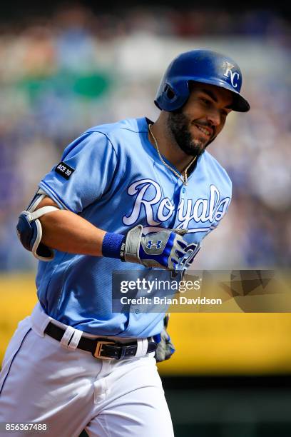 Eric Hosmer of the Kansas City Royals runs the bases after hitting a homerun during the first inning against the Arizona Diamondbacks at Kauffman...