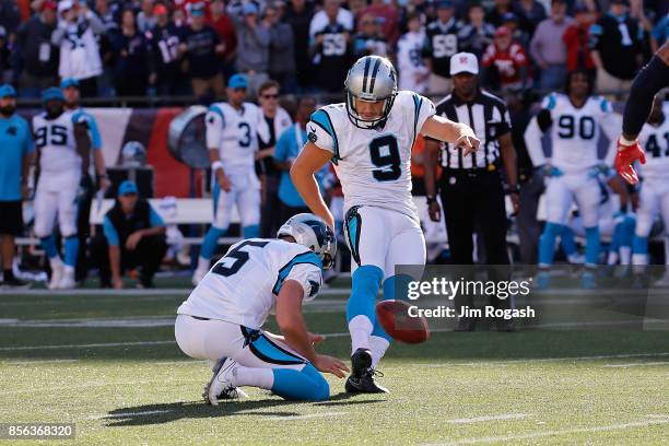 Graham Gano of the Carolina Panthers kicks a 48-yard field goal during the fourth quarter to defeat the New England Patriots 33-30 at Gillette...