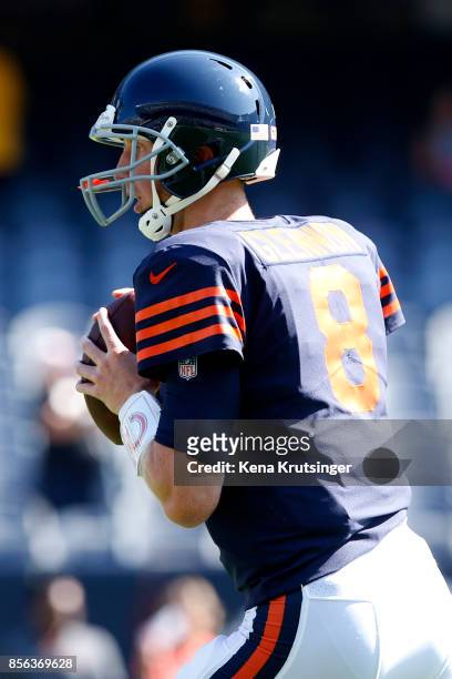 Quarterback Mike Glennon of the Chicago Bears warms up prior to the game against the Pittsburgh Steelers at Soldier Field on September 24, 2017 in...