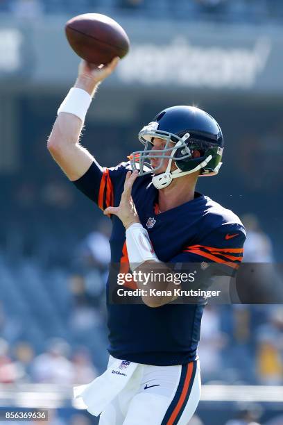 Quarterback Mike Glennon of the Chicago Bears warms up prior to the game against the Pittsburgh Steelers at Soldier Field on September 24, 2017 in...