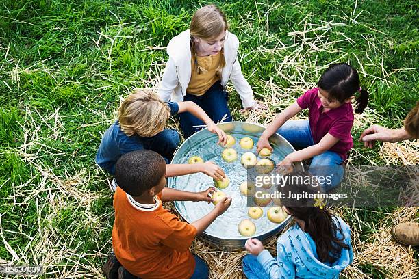 children washing apples in washtub - zinkwanne stock-fotos und bilder