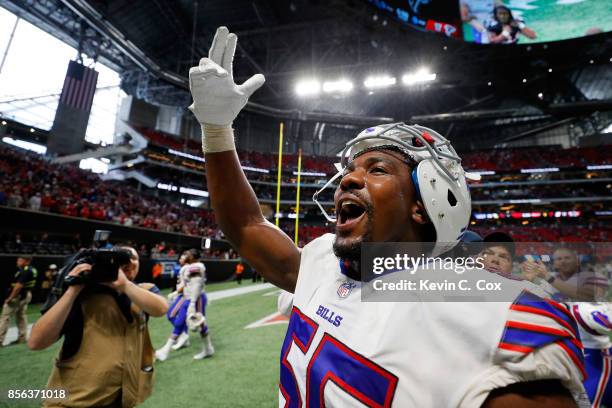 Jerry Hughes of the Buffalo Bills celebrates beating the Atlanta Falcons at Mercedes-Benz Stadium on October 1, 2017 in Atlanta, Georgia.