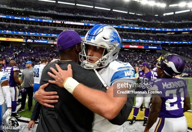 Matthew Stafford of the Detroit Lions and Teddy Bridgewater of the Minnesota Vikings greet each other after the game on October 1, 2017 at U.S. Bank...