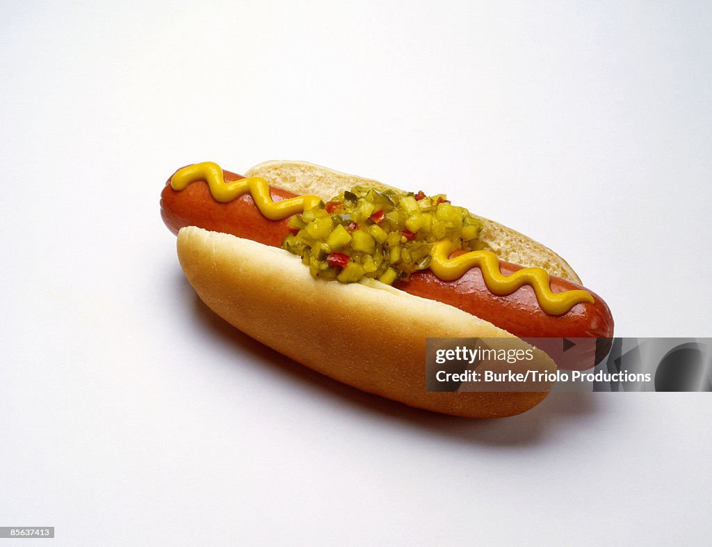 Hot dog with mustard and relish