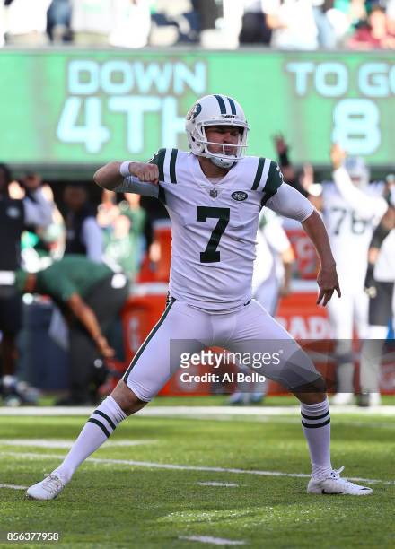 Chandler Catanzaro of the New York Jets celebrates after kicking the winning overtime field goal against the Jacksonville Jaguars turnover win the...