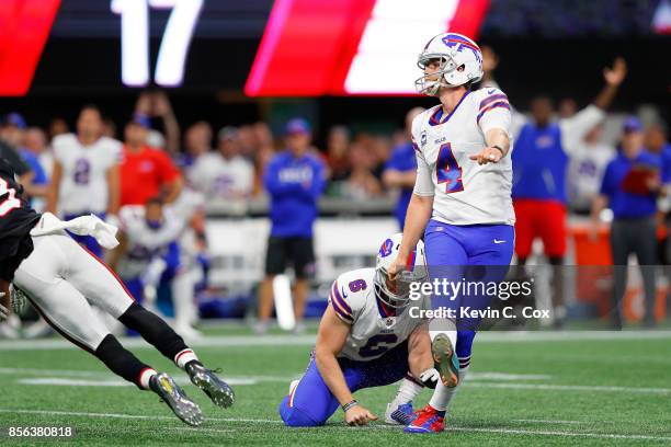 Stephen Hauschka of the Buffalo Bills kicks a field goal during the second half against the Atlanta Falcons at Mercedes-Benz Stadium on October 1,...