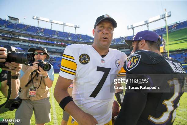 Quarterback Ben Roethlisberger of the Pittsburgh Steelers greets Eric Weddle of the Baltimore Raven after the game at M&T Bank Stadium on October 1,...
