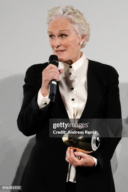 Glenn Close gives her acceptance speech during the Golden Icon Award ceremony at the 'The Wife' premiere at the 13th Zurich Film Festival on October...