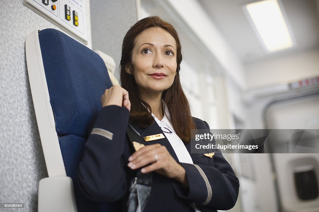 Stewardess preparing for take off on airplane