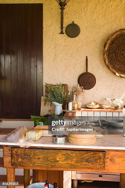 outdoor tuscan kitchen , montevettolini , italy - farmhouse stock pictures, royalty-free photos & images