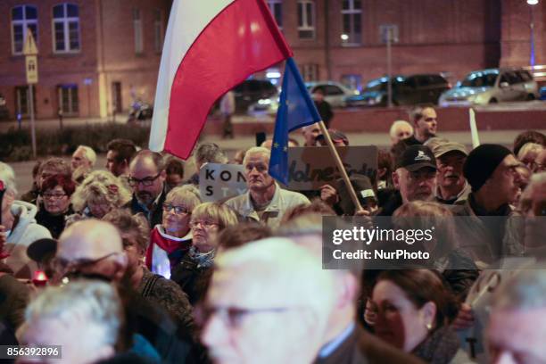 Protesters in front of Gdansk Regional Court are seen in Gdansk, Poland on 1 October 2017 Crowds gathered outside the Regional Court and other cities...