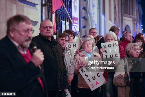 Protesters in front of Gdansk Regional Court are seen in Gdansk, Poland on 1 October 2017 Crowds gathered outside the Regional Court and other cities...