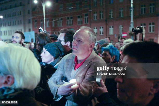 Jaroslaw Kurski in front of Gdansk Regional Court is seen in Gdansk, Poland on 1 October 2017 Crowds gathered outside the Regional Court and other...