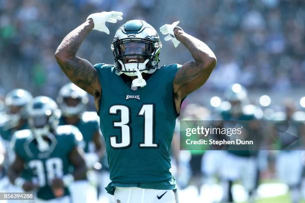 Jalen Mills of the Philadelphia Eagles interacts with the crowd during the game against the Los Angeles Chargers at the StubHub Center on October 1,...