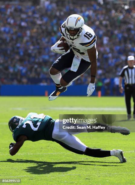 Patrick Robinson of the Philadelphia Eagles defends against Tyrell Williams of the Los Angeles Chargers on a pass play during the first half of a...