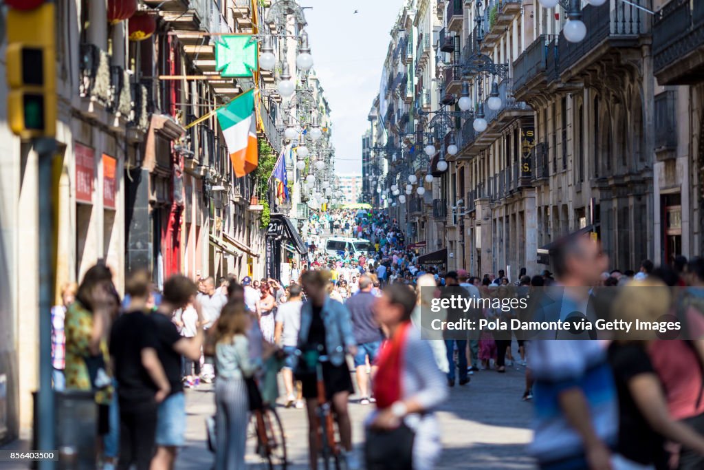 Las Ramblas scene at Barcelona close to Plaça de Catalunya, Spain. Aftermath Of The Barcelona Terror Attack