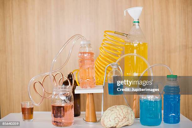 chemistry still life with bottles and brain - brain in a jar stock pictures, royalty-free photos & images