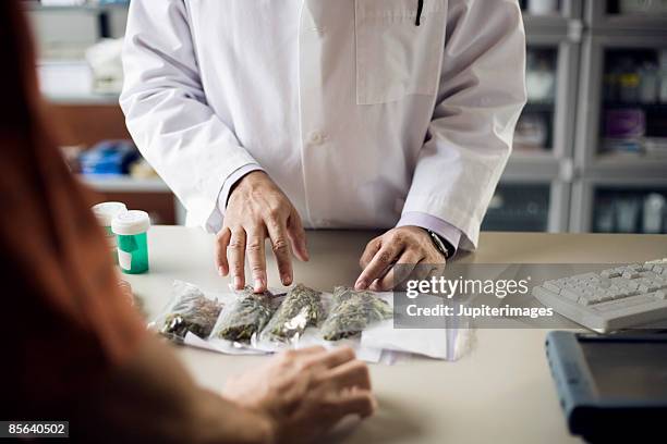 pharmacist and customer with medical marijuana - canábis medicinal imagens e fotografias de stock