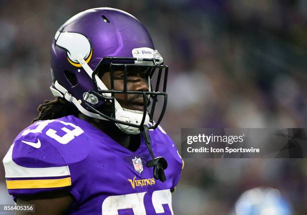 Minnesota Vikings running back Dalvin Cook looks on during a NFL game between the Minnesota Vikings and Detroit Lions on October 1, 2017 at U.S. Bank...