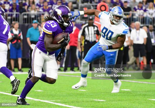 Minnesota Vikings running back Dalvin Cook runs with the ball during a NFL game between the Minnesota Vikings and Detroit Lions on October 1, 2017 at...
