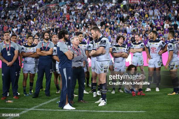 Cowboys head coach Paul Green, Gavin Cooper of the Cowboys and Jonathan Thurston talk after defeat in the 2017 NRL Grand Final match between the...