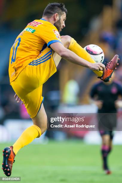 Andre Gignac of Tigres controls the ball during the 12th round match between Tigres UANL and Chivas as part of the Torneo Apertura 2017 Liga MX at...