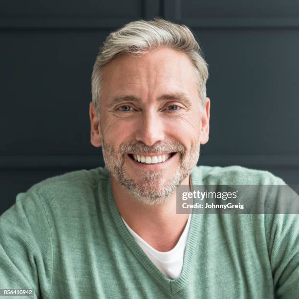 portrait de l’homme dans ses 40 ans avec des cheveux gris et barbe souriant à la caméra - sourire à pleines dents photos et images de collection
