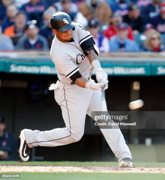 Rymer Liriano of the Chicago White Sox doubles in the fifth inning against the Cleveland Indians at Progressive Field on October 1, 2017 in...