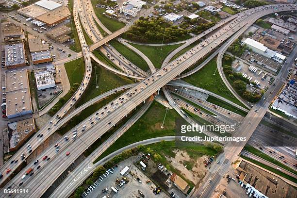 aerial view of highways in dallas, texas - dallas stock-fotos und bilder