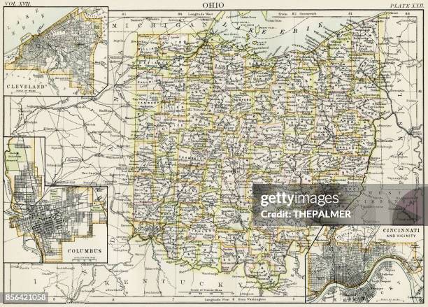 ohio map 1884 - cincinnati stock illustrations