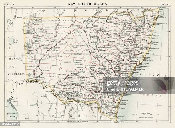 new south wales map 1884 - nsw map stock illustrations