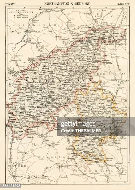 stockillustraties, clipart, cartoons en iconen met northampton kaart 1884 - northamptonshire