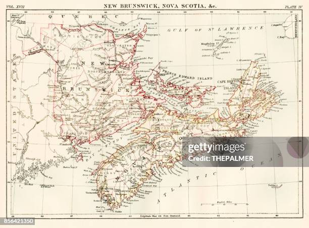 new brunswick nova scotia map 1884 - nova scotia stock illustrations