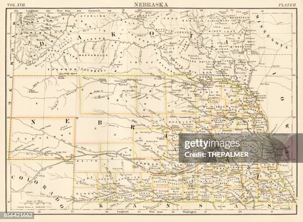 nebraska map 1884 - nebraska map stock illustrations