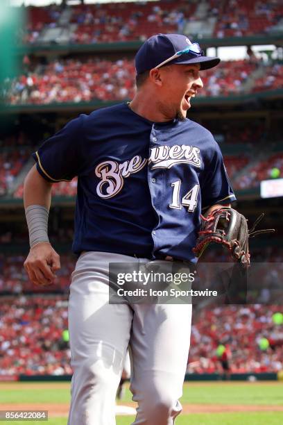 Milwaukee Brewers third baseman Hernan Perez as seen heading back to the dug out during a MLB baseball game between the St. Louis Cardinals and the...