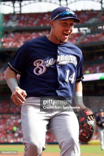 Milwaukee Brewers third baseman Hernan Perez as seen heading back to the dug out during a MLB baseball game between the St. Louis Cardinals and the...