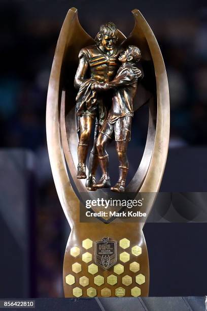 The Provan-Summons Trophy is on display before the 2017 NRL Grand Final match between the Melbourne Storm and the North Queensland Cowboys at ANZ...