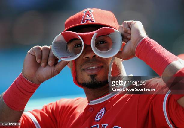 Los Angeles Angels of Anaheim infielder Luis Valbuena looks through home made cup binoculars during a game against the Seattle Mariners, on October 1...
