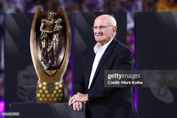 Arthur Summons poses with The Provan-Summons Trophy after the 2017 NRL Grand Final match between the Melbourne Storm and the North Queensland Cowboys...