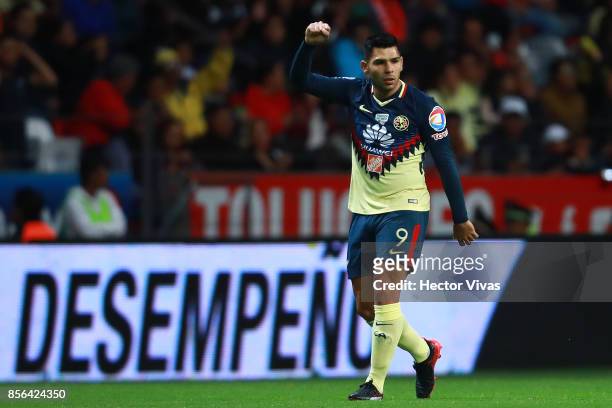 Silvio Romero of America celebrates after scoring the first goal of his team during the 12th round match between Toluca and America as part of the...